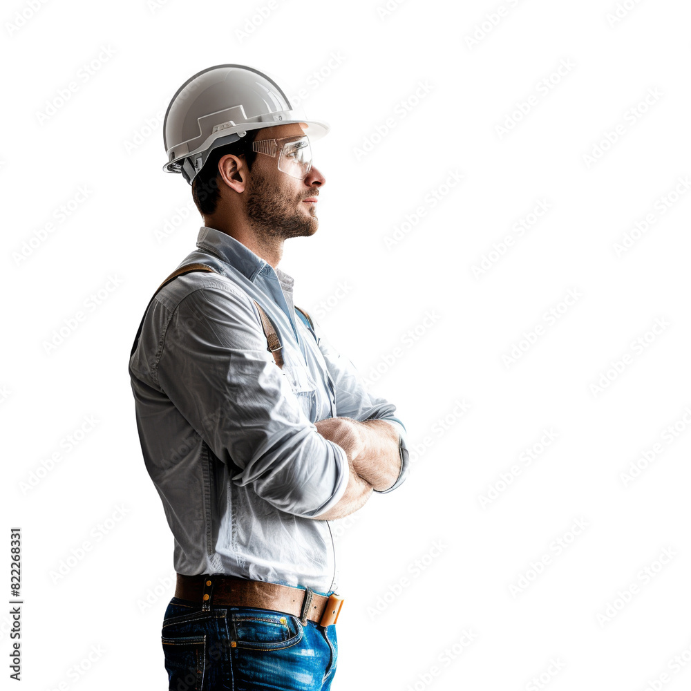 A man wearing a hard hat and safety glasses stands with his arms crossed, isolated on transparent background