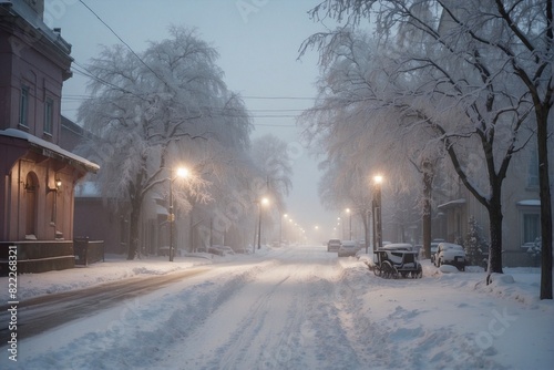 Winter Blizzard in the Village. Snowy Street