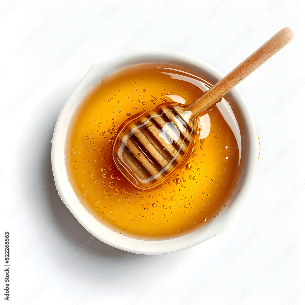 Wooden dipper stick with honey top view isolated on white background Wooden dipper stick with honey top view isolated on white background