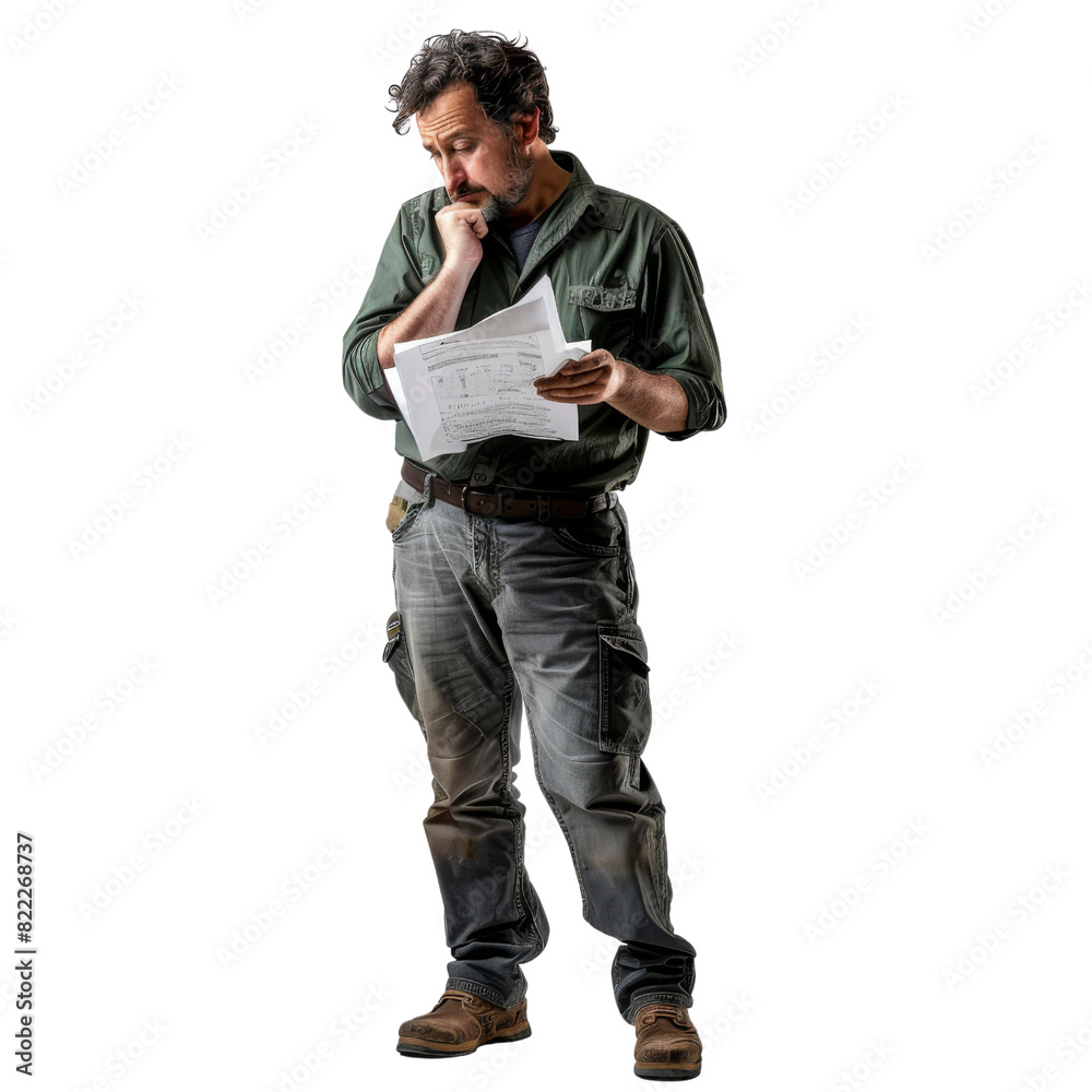 A man is standing in front of a white background, reading a piece of paper, isolated on transparent background A man is standing in front of a white background, reading a piece of paper, isolated on transparent background