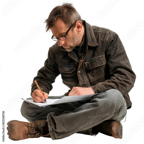 Wallpaper Mural A man is sitting on the ground and writing with a pencil, isolated on transparent background Torontodigital.ca