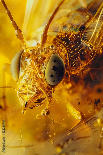 Close-Up of a Perfectly Preserved Insect in Amber, Showing Intricate Details and a Sense of Sadness from Its Separation from Nature