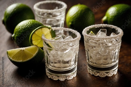 Two glasses filled with tequila, sliced lime. Tequila with Lime