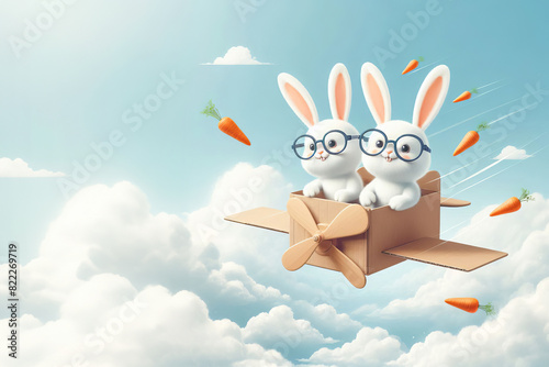 two cheerful white rabbits with glasses fly a cardboard plane