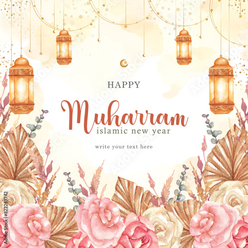flower and leaves painting garden decoration with arabic lantern on greeting card of muharram