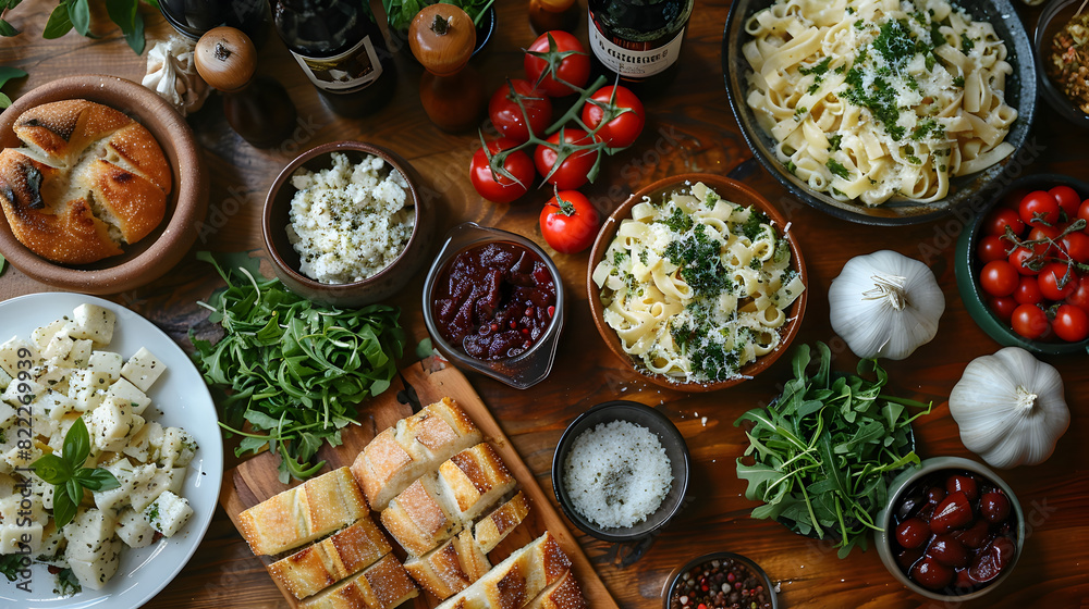 FamilyStyle Italian Feast A Spread of Steaming Pasta and Fresh Garlic Bread FamilyStyle Italian Feast A Spread of Steaming Pasta and Fresh Garlic Bread