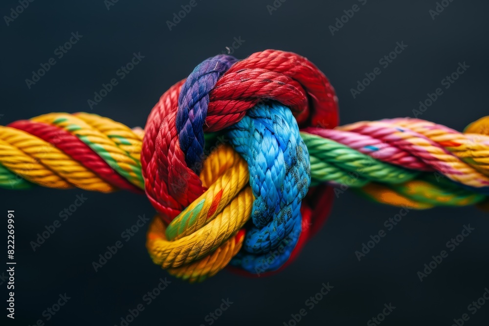 symbolism of a colorful knotted rope, representing unity and strength, embodying the power to connect with others in times of need. symbolism of a colorful knotted rope, representing unity and strength, embodying the power to connect with others in times of need.