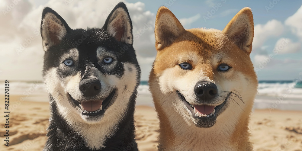 two shiba inu dogs are smiling and posing for the camera, generative AI two shiba inu dogs are smiling and posing for the camera, generative AI