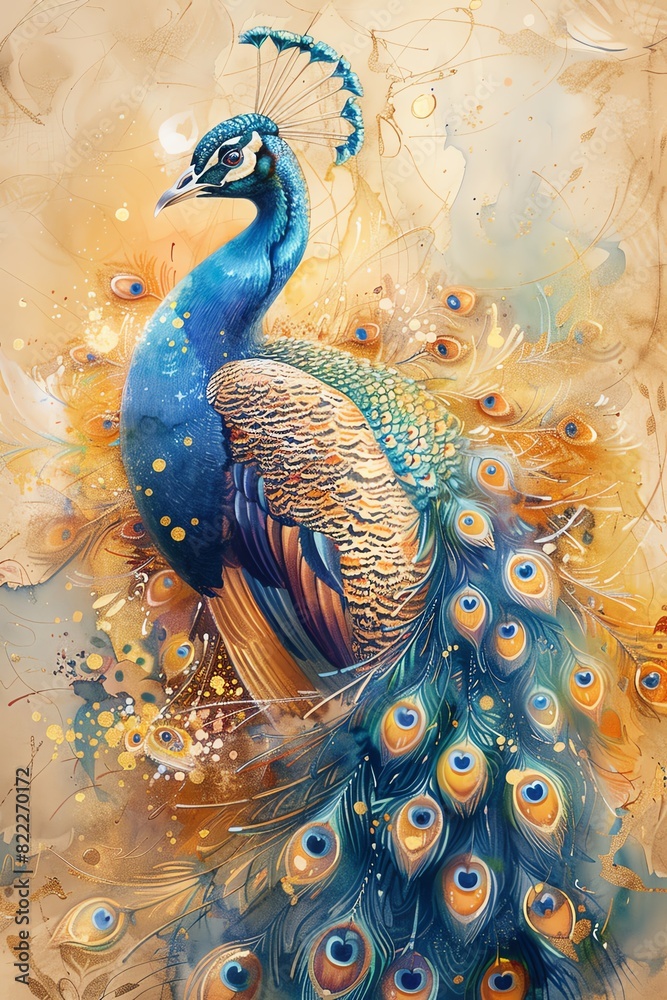 Elegant digital painting of a majestic peacock with vibrant feathers ...