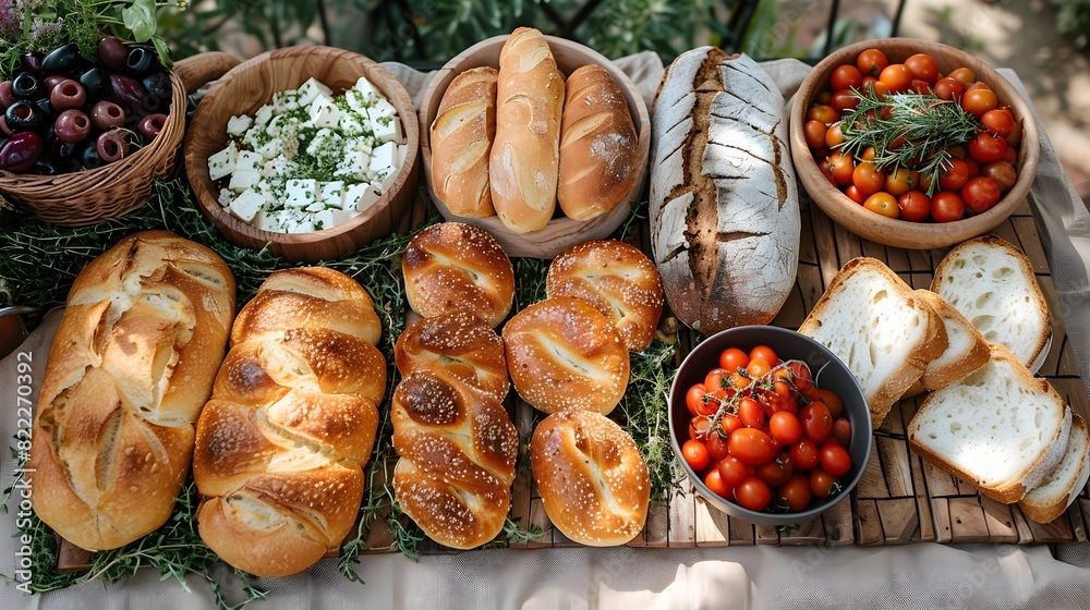 Freshly Baked Artisanal Bread and Comfort Food Adorn a Homemade Woven Tablecloth Freshly Baked Artisanal Bread and Comfort Food Adorn a Homemade Woven Tablecloth