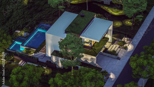 3d rendering of flat roof house with parking and pool for sale or rent with concrete facade and beautiful landscaping. Clear summer night with many stars on the sky