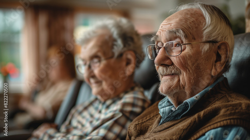 Caregivers providing compassionate care to elderly residents in nursing home, ensuring comfort, well-being. Image portrays dignity, respect afforded to older adults in long-term care settings. photo