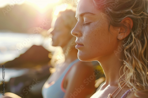 tranquil women practicing mindfulness meditation at sunset by the sea photo