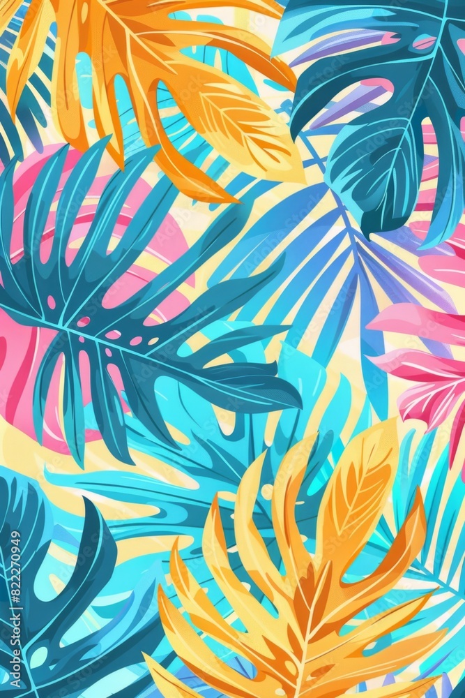 Vibrant tropical leaf pattern in shades of blue, yellow, and pink, perfect for summer designs and backgrounds.