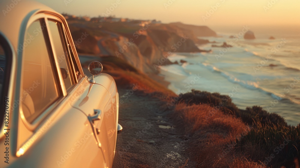 Fototapeta premium A vintage car parked on a coastal cliffside during sunset, overlooking the ocean waves crashing against the shore. 