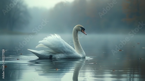 Graceful Swan Glides Across Serene Lake at Golden Hour