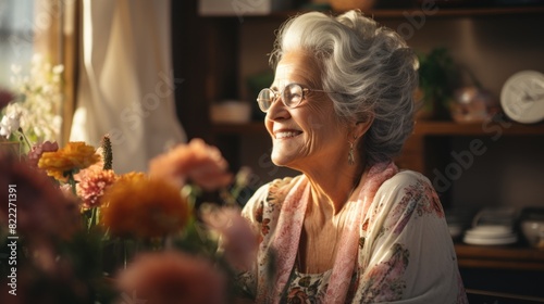 A woman is arranging a bouquet of flowers indoors, showing a moment of creativity and tranquility in a beautifully lit room