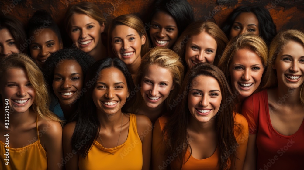 A diverse and vibrant group of smiling women pose closely together against a rustic background A diverse and vibrant group of smiling women pose closely together against a rustic background