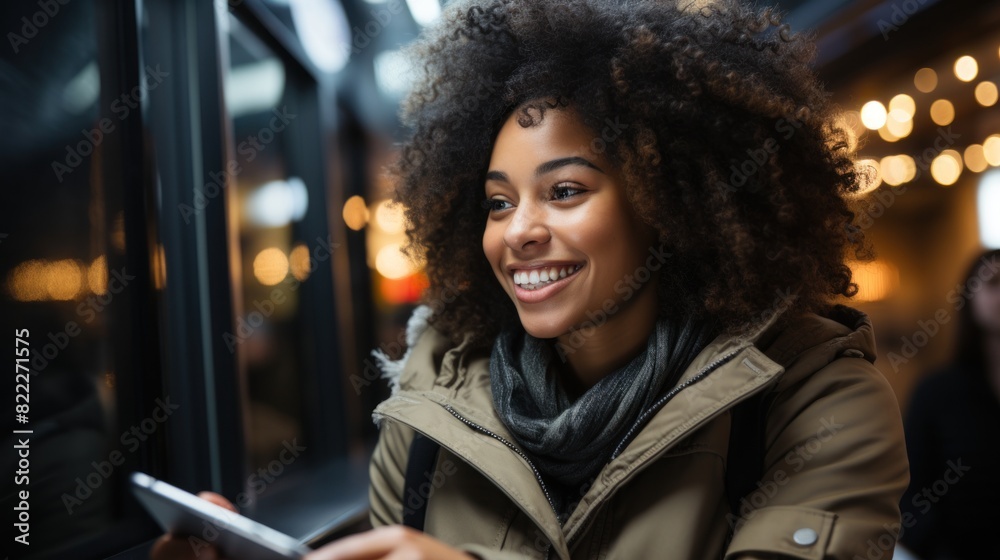 A bright-eyed young woman with curly hair smiles while looking out a window with city lights in the background A bright-eyed young woman with curly hair smiles while looking out a window with city lights in the background