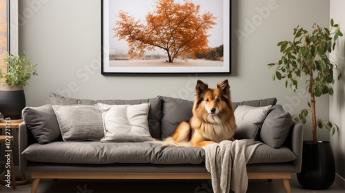 A Shetland Sheepdog lounges comfortably on a contemporary grey sofa in a modern living room setting, exuding coziness and contentment