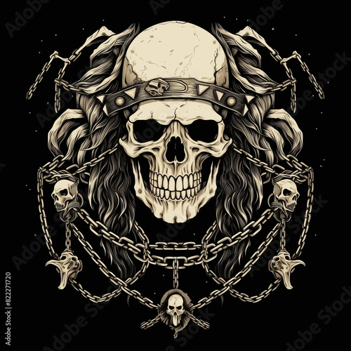 gray skull and chain for illustration clothing design, black background,