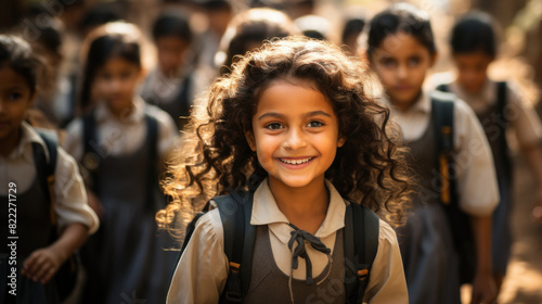 A young, cheerful schoolgirl beaming with happiness on her way to school among her peers © AS Photo Family