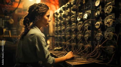 A woman dressed in a retro outfit operates an antiquated telephone switchboard filled with cables and connectors