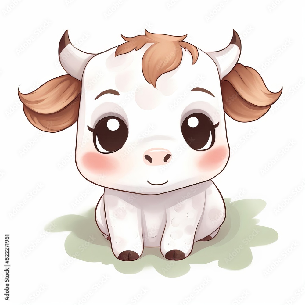 Fototapeta premium Cute cartoon baby cow with big eyes and rosy cheeks sitting on a green patch. Adorable animal illustration perfect for kids designs.