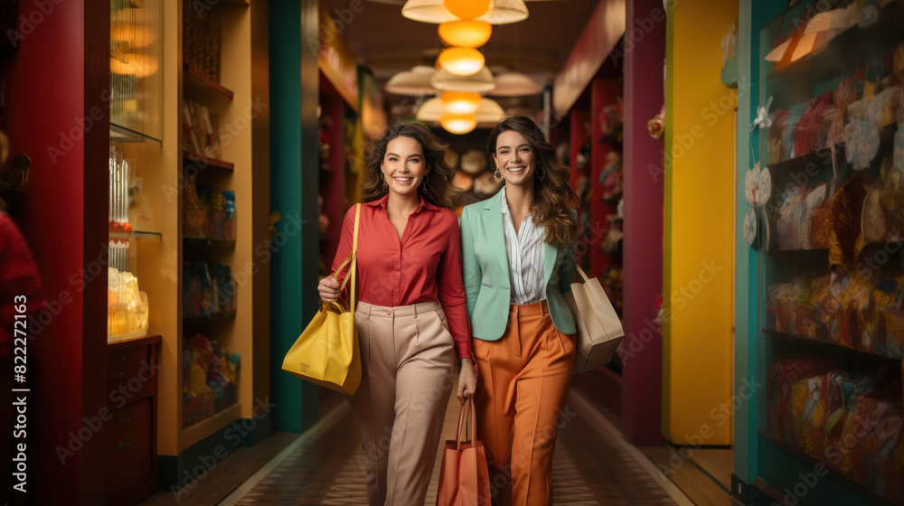 Two elegant women enjoying a shopping spree in a colourful boutique