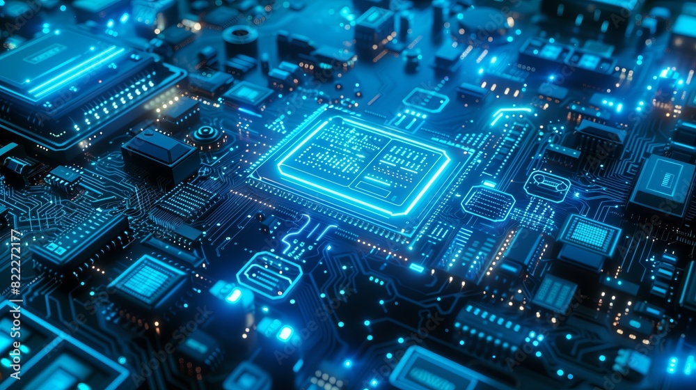 Futuristic Blue Circuit Board with Glowing Digital Transmission Lines