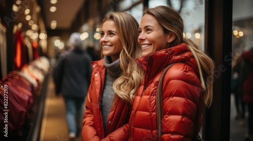 Smiling twin sisters in red jackets shopping together during winter photo