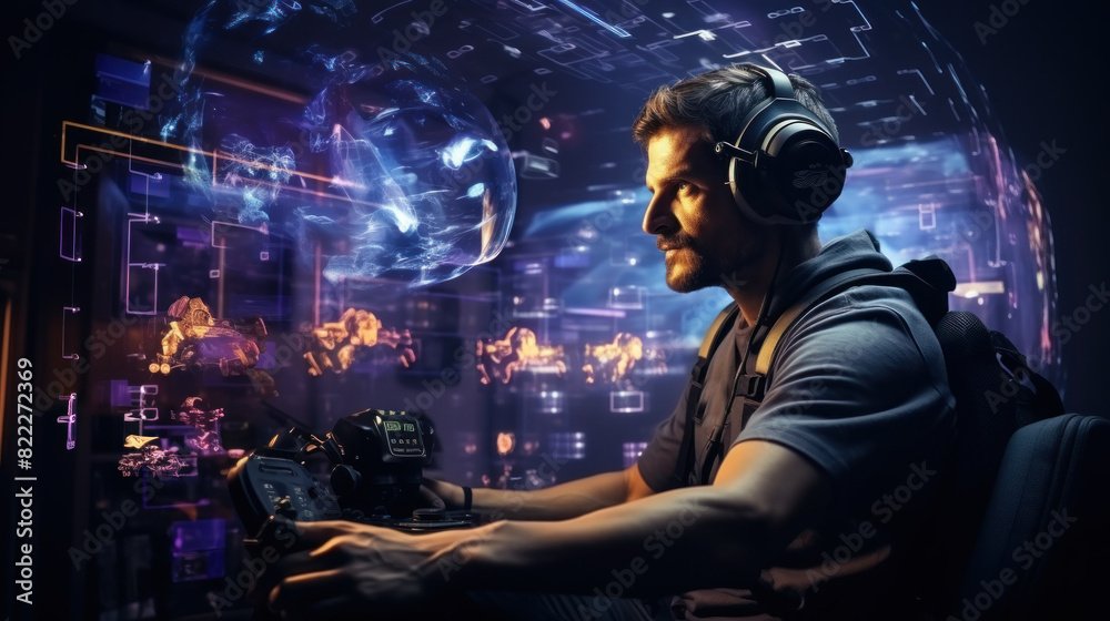 A person immersed in a virtual reality gaming experience with futuristic graphics surrounding them A person immersed in a virtual reality gaming experience with futuristic graphics surrounding them