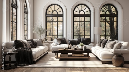 A spacious and elegantly designed living room with large windows and comfortable furnishings