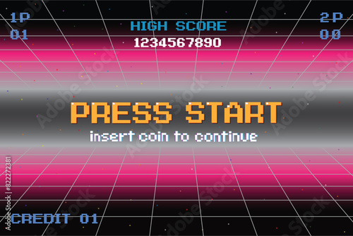 PRESS START INSERT A COIN TO CONTINUE .pixel art .8 bit game. retro game. for game assets .Retro Futurism Sci-Fi Background. glowing neon grid. and stars from vintage arcade computer games