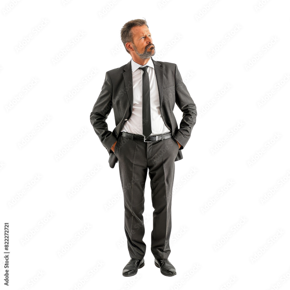 A man in a suit and tie is standing with his hands on his hips, isolated on transparent background A man in a suit and tie is standing with his hands on his hips, isolated on transparent background