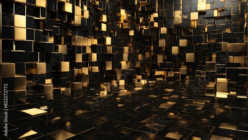 The image depicts a three-dimensional room with walls and floors made of small reflective gold and black cubes.

 photo