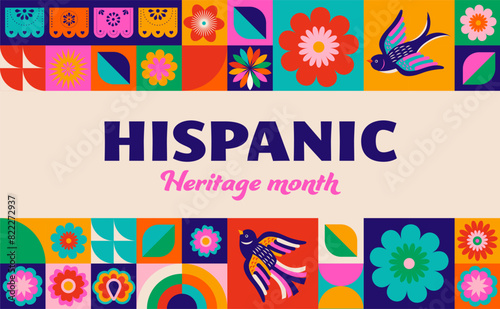 National hispanic heritage month celebration. Background, banner and card with flowers. Geometric colorful concept design floral pattern