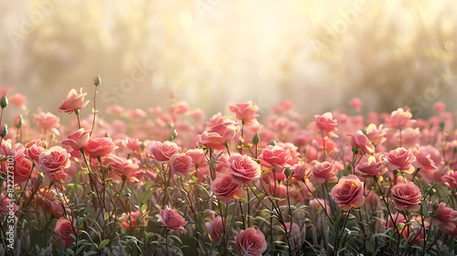 A picturesque cottage garden with roses and daisies,Landscape nature background of beautiful pink and red cosmos flower field with sunshine. vintage color tone,Vibrant spring flower meadow 

