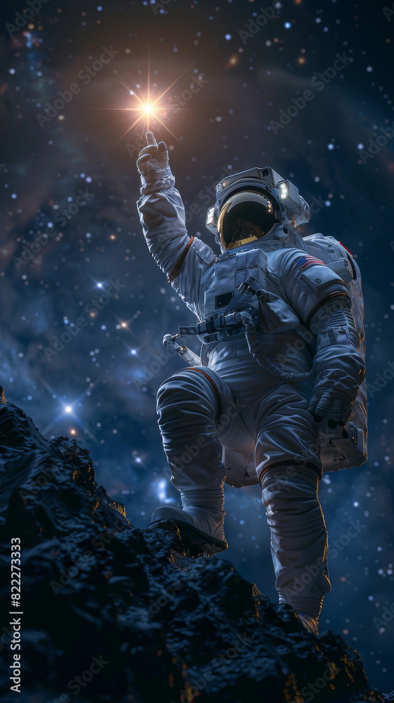 Astronaut on a rocky surface, reaching towards the stars in a stunning night sky filled with twinkling stars and cosmic clouds. Astronaut on a rocky surface, reaching towards the stars in a stunning night sky filled with twinkling stars and cosmic clouds.