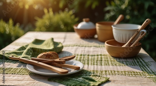 White wooden table background covered with green tablecloth and cooking utensils.., close up , copy text