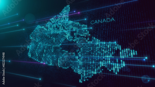 Abstract Futuristic Blue Violet Shiny Perspective Square Hud Particles Mosaic Grid And Text Of Faint Administrative Canada Map With Dotted Lines Light Flare