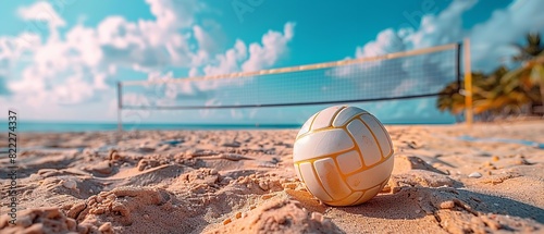 Beach sports and leisure pursuits theme, a volleyball ball on a sandy beach with a volleyball net against blue sky with big copy space, Generative AI. photo