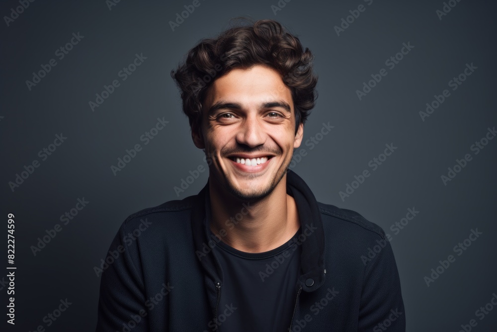 Portrait of a grinning man in his 20s smiling at the camera on blank studio backdrop Portrait of a grinning man in his 20s smiling at the camera on blank studio backdrop