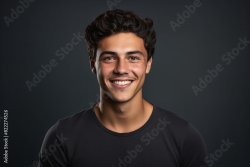 Portrait of a grinning man in his 20s smiling at the camera over blank studio backdrop