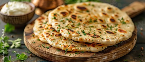 Selective focus on aloo paratha, a traditional Indian flatbread packed with potatoes placed on a wooden table against a blurry backdrop, Generative AI.