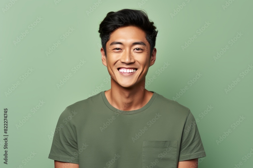 Fototapeta premium Portrait of a cheerful asian man in his 20s smiling at the camera isolated on blank studio backdrop