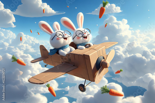  two white rabbits wearing glasses, sit side by side.
