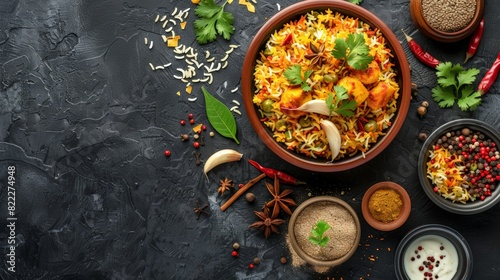 Top view of Indian biryani with basmati rice and spices, using the rule of thirds, with ample copy space