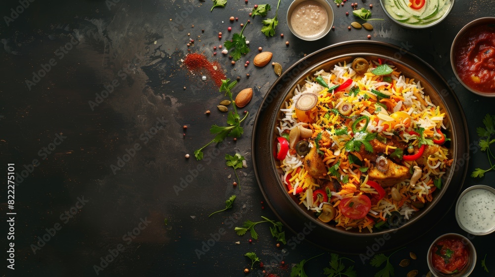 Top view of Indian biryani with raita, using the rule of thirds, with ample copy space, aromatic and spicy, high-quality image Top view of Indian biryani with raita, using the rule of thirds, with ample copy space, aromatic and spicy, high-quality image