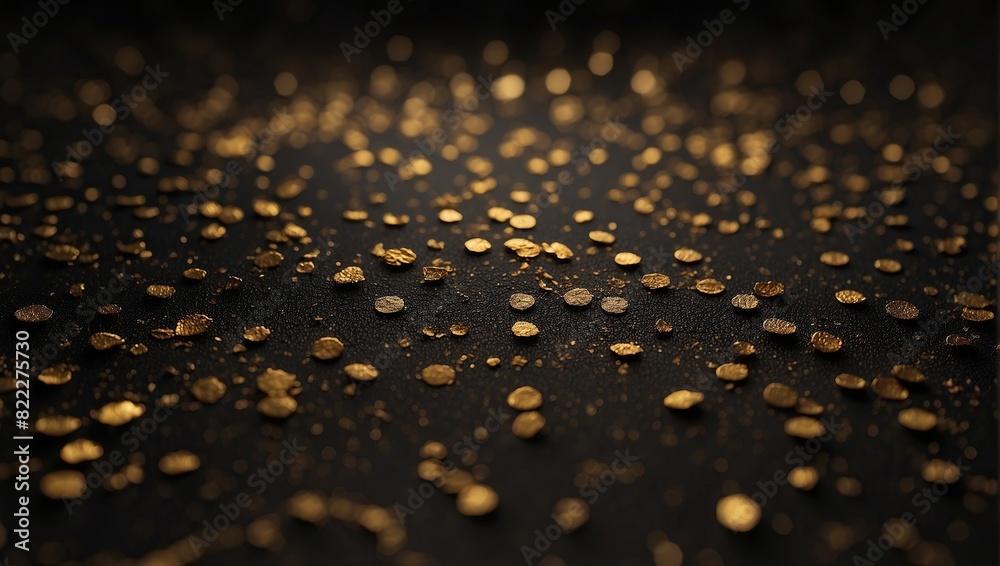 There are a lot of gold coins scattered on a black surface.

